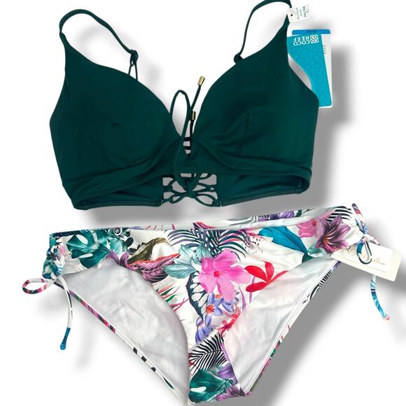 NEW Mix & Match Bikini Set Size Large 36/38C Green Tropical Coco Reef Raisins - Picture 1 of 15